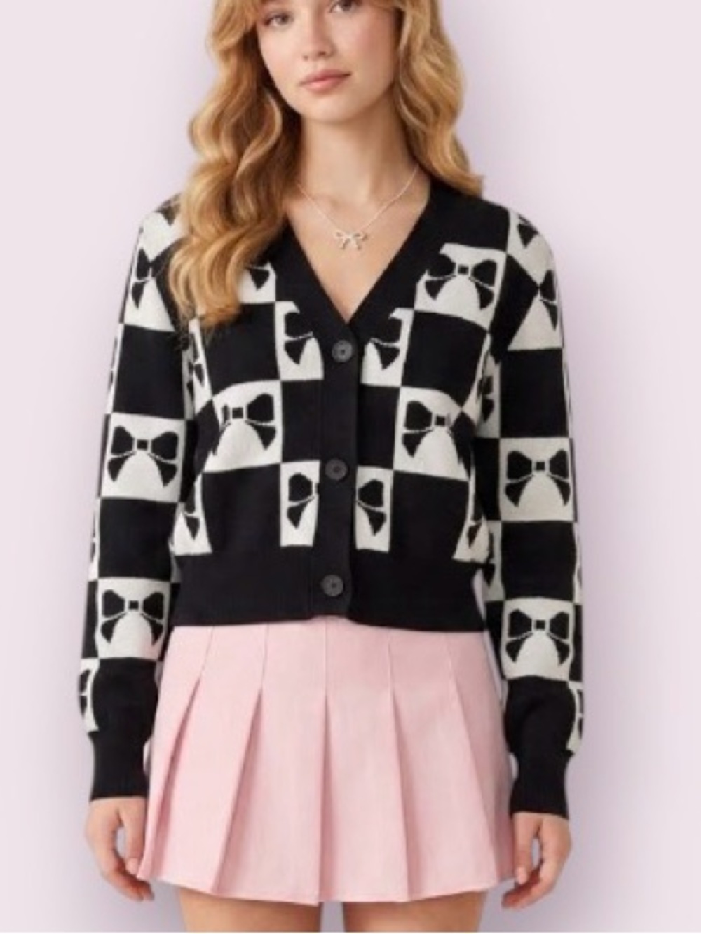 Luna Ivy Checkerboard Bow Cropped Button Up Cardigan Sweater Black White Medium